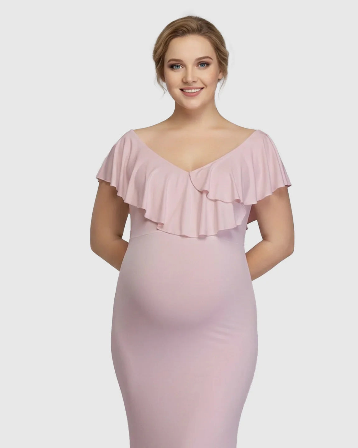Bump Society – The Comfort Collection: Off-Shoulder Ruffled Bodycon Maternity Maxi Dress