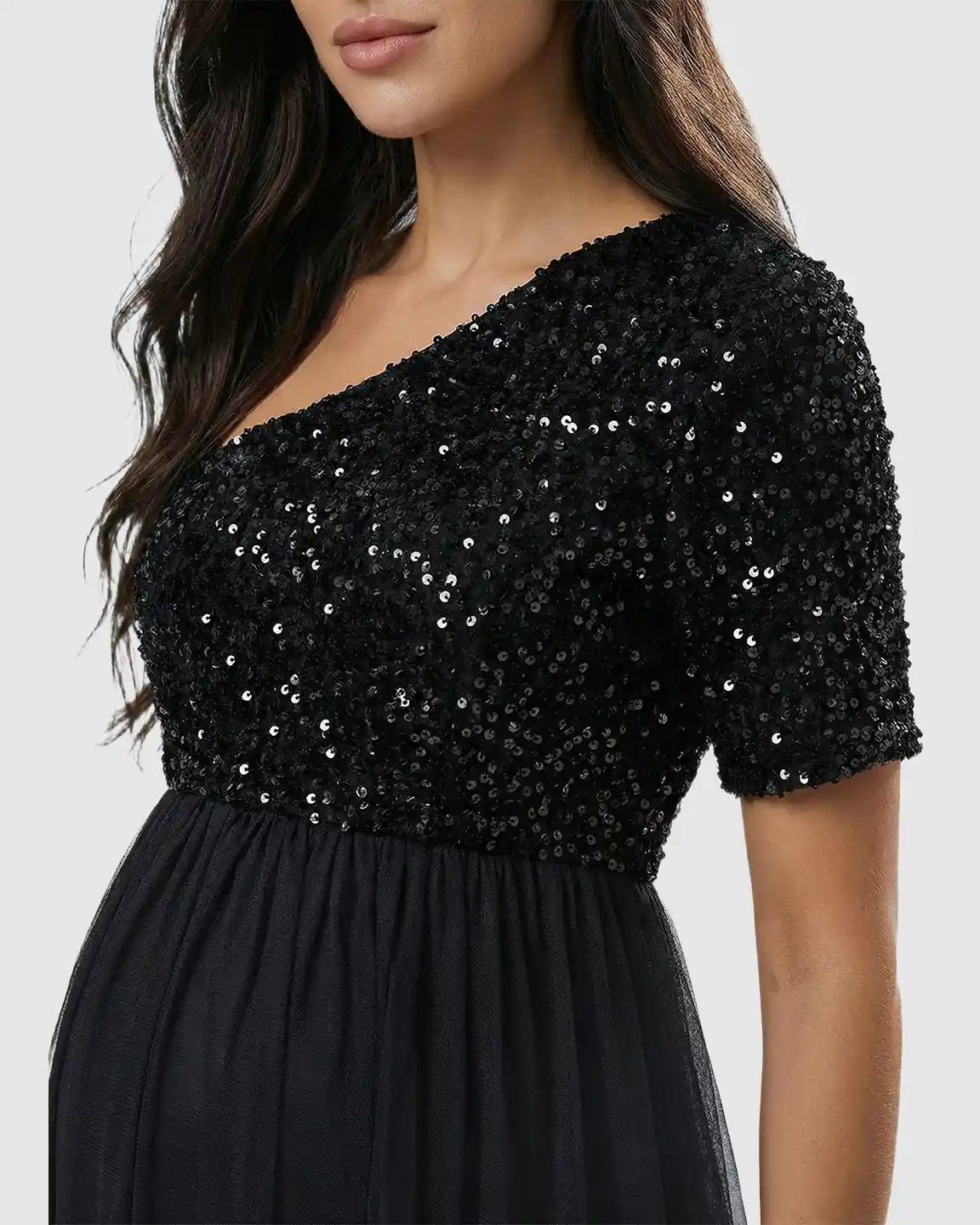 Bump Society – The Comfort Collection: Sequin One-Shoulder Flowing Mesh Maternity Maxi Dress