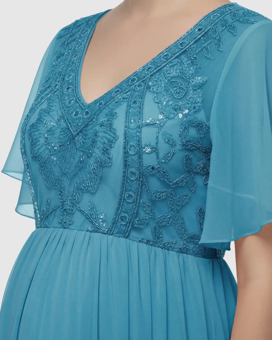 Bump Society – The Comfort Collection: Embroidered Bodice Long Train Maternity Photoshoot Gown