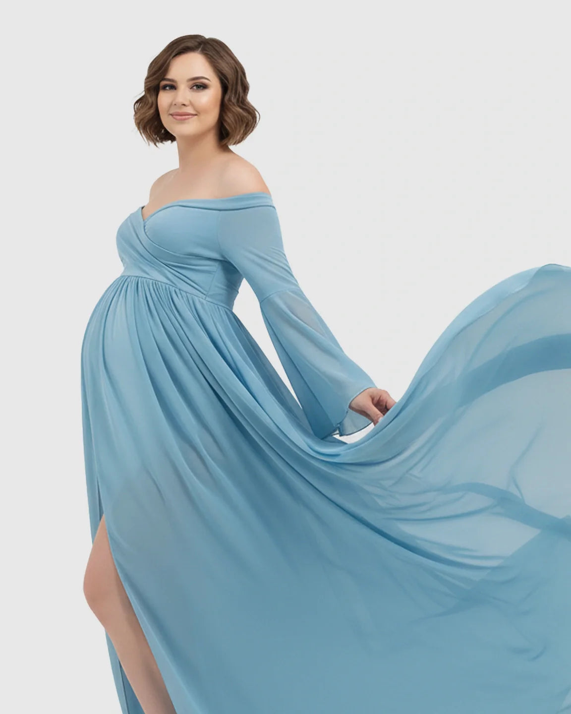 Light blue chiffon maternity gown with off-shoulder neckline, bell sleeves, and flowing train.