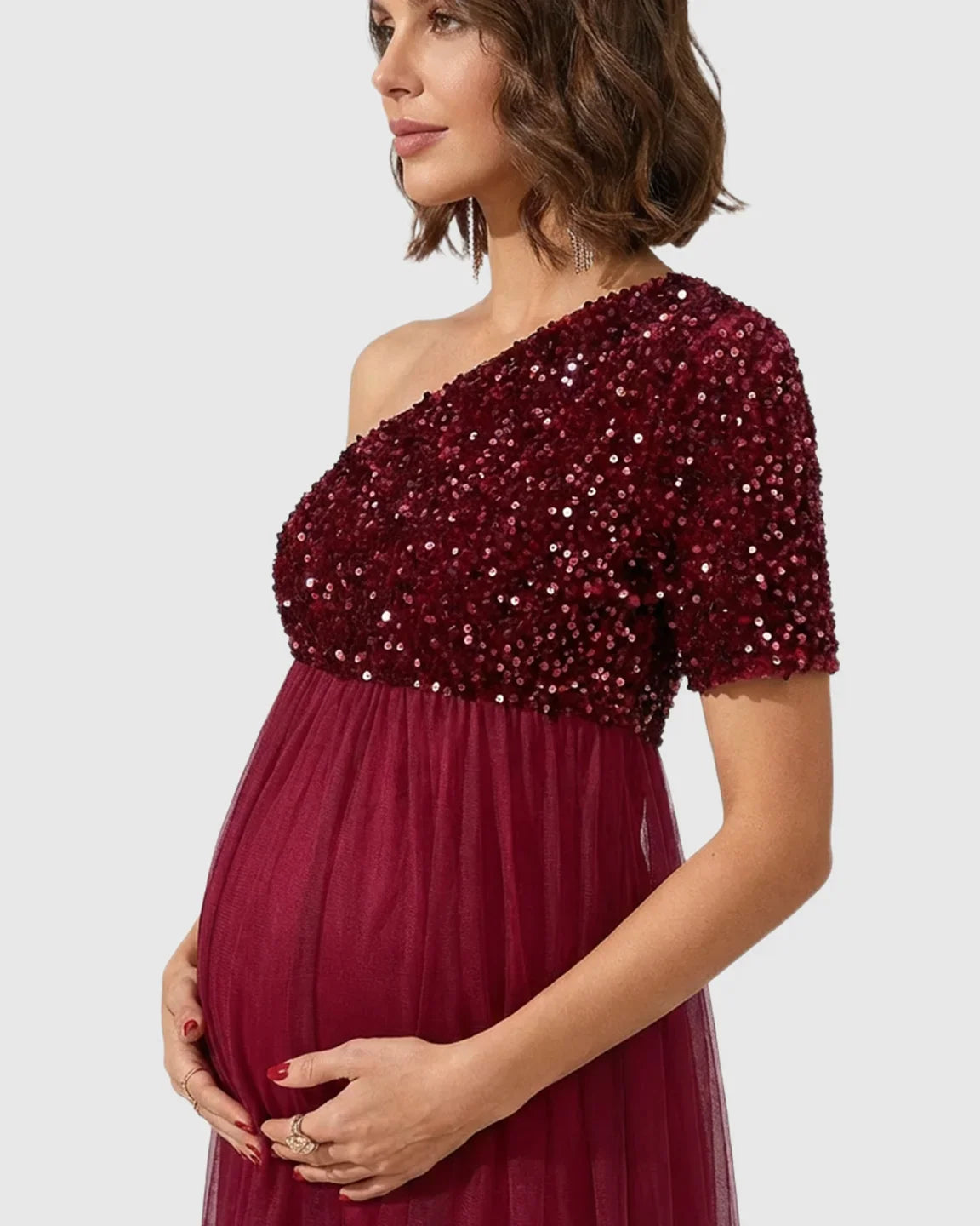 Bump Society – The Comfort Collection: Sequin One-Shoulder Flowy Maternity Maxi Dress