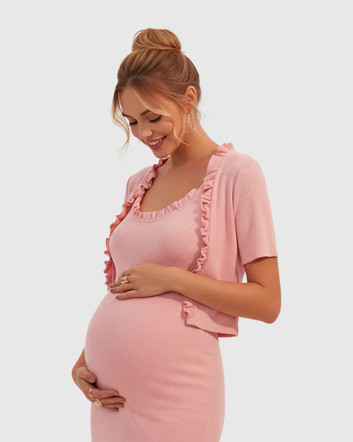 Bump Society – The Comfort Collection: Ruffle Neck Bodycon Maternity Midi Dress Set