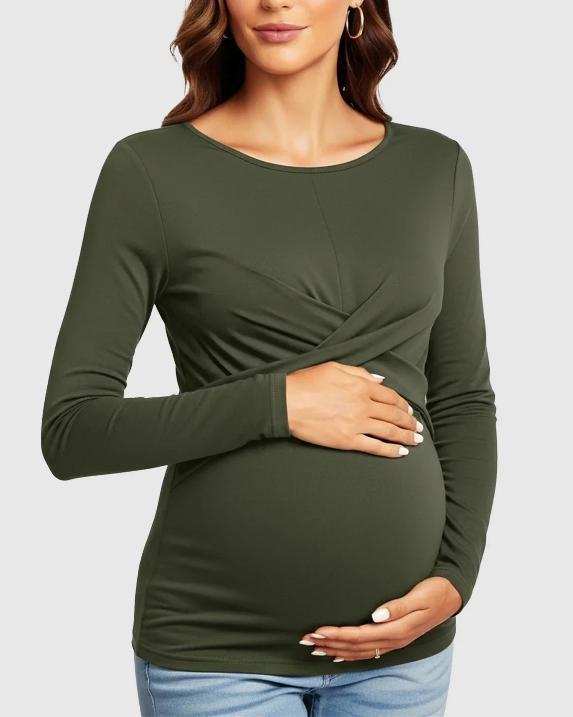 Maternity top in olive green with a cross-pleat twist-front detail, long sleeves, and round neckline.