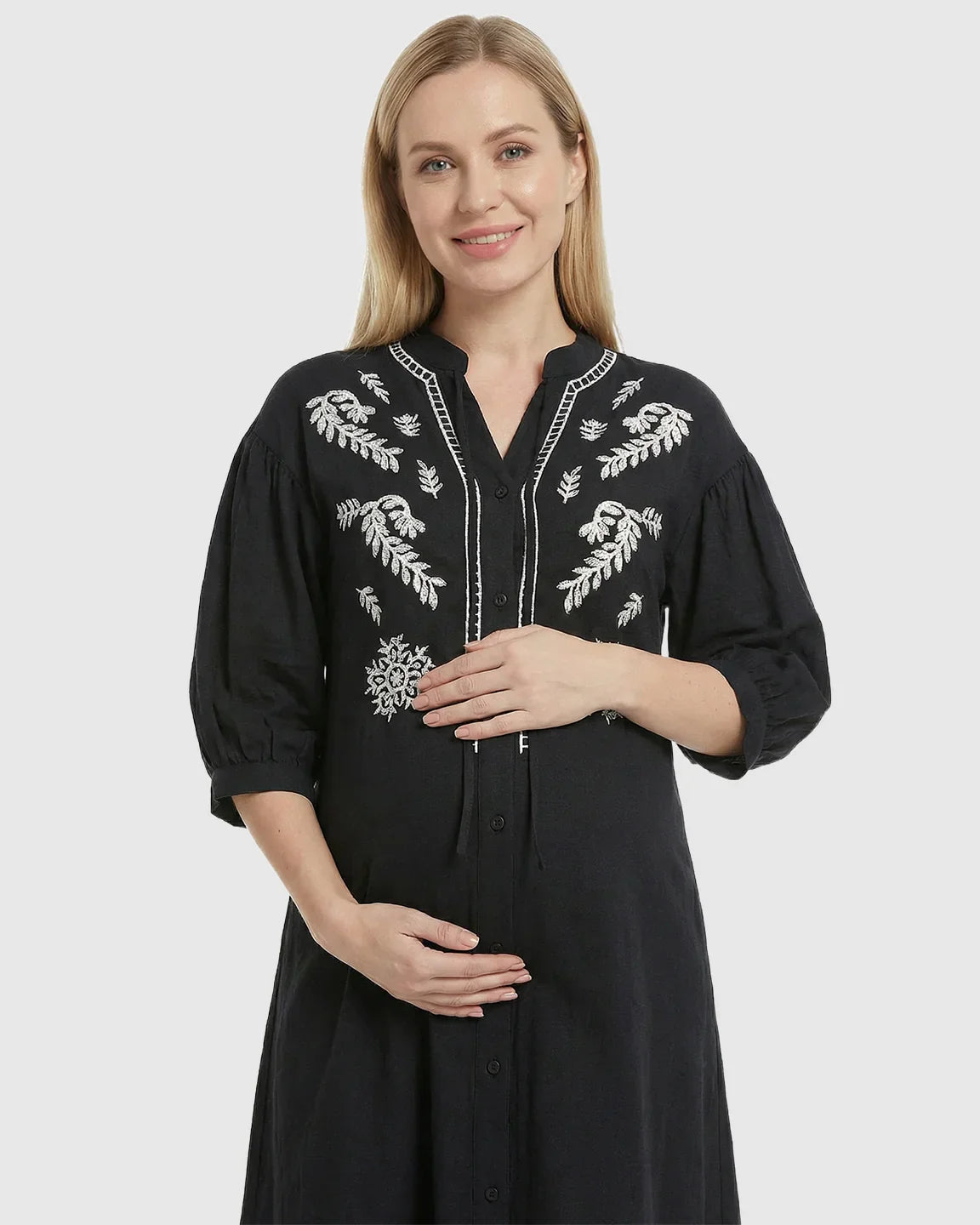 Bump Society – The Comfort Collection: Embroidered Mandarin Collar Loose Maternity Midi Dress