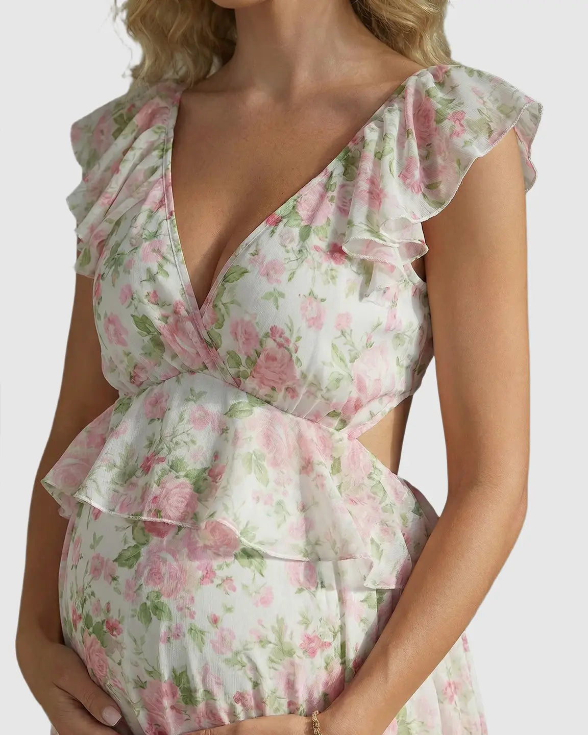 Bump Society – The Comfort Collection: Floral Ruffle Cap Sleeve Flowy Maternity Photoshoot Dress