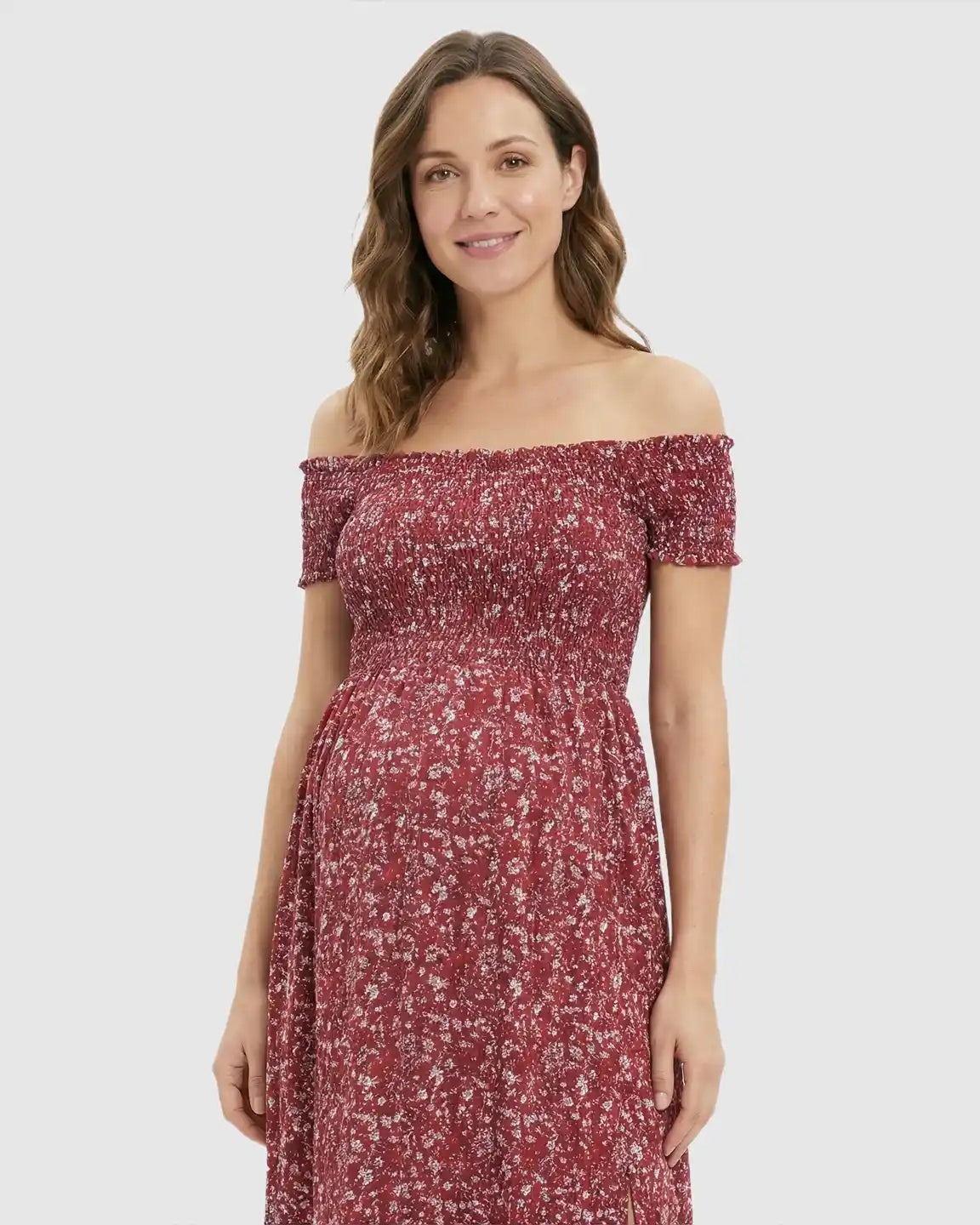 Bump Society – The Comfort Collection: Off-Shoulder Floral Pattern Maternity Maxi Dress