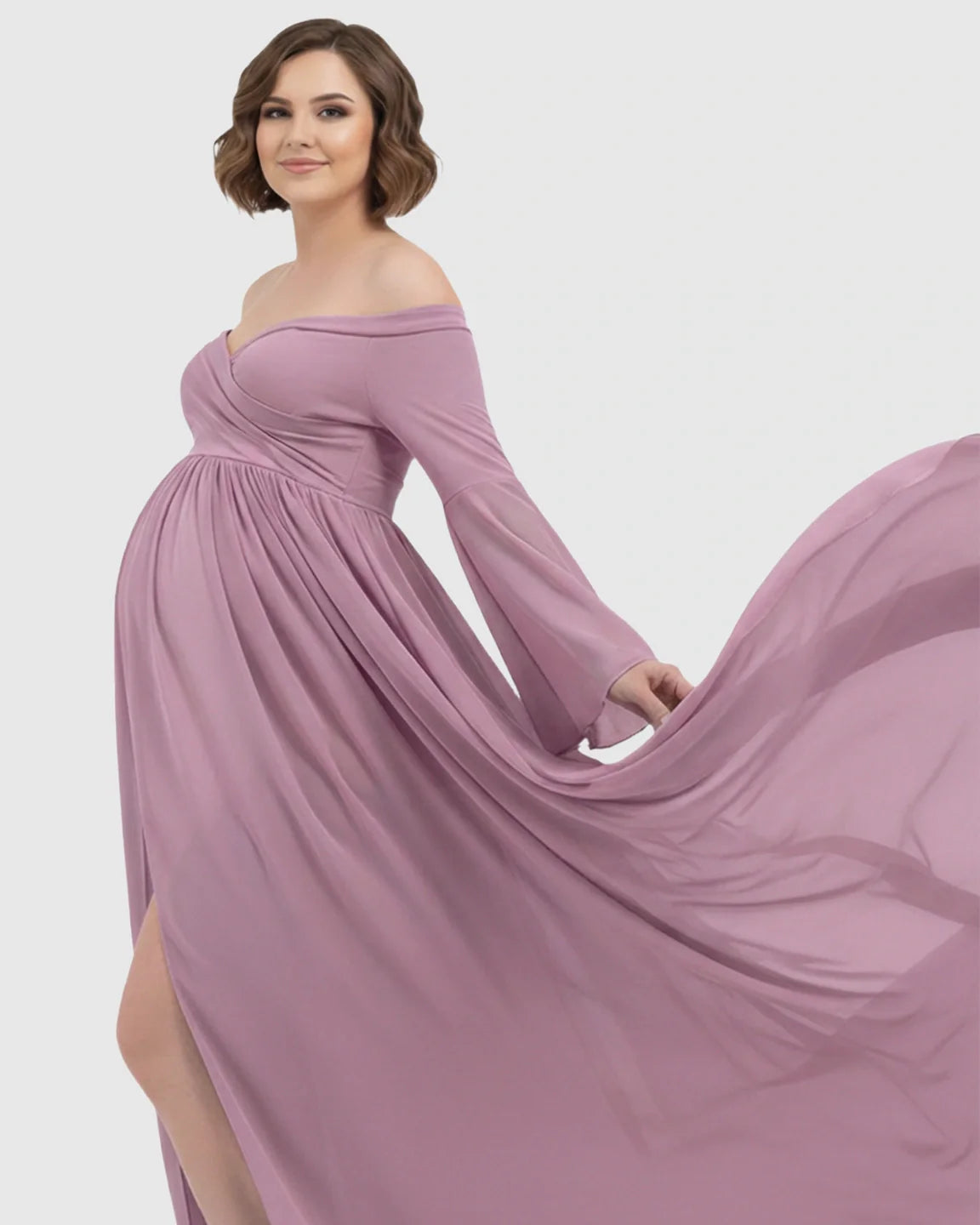 Mauve off-shoulder maternity gown with bell sleeves, flowing chiffon skirt, and long train.