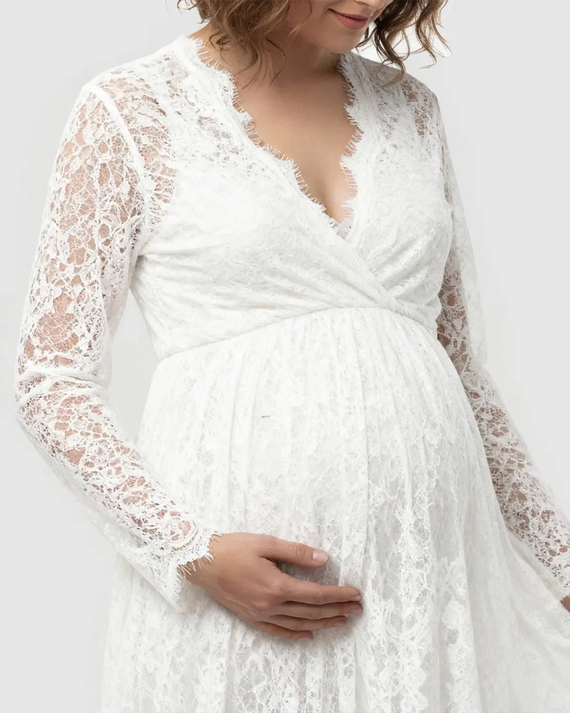 White sheer floral lace empire waist maternity maxi dress with long sleeves.
