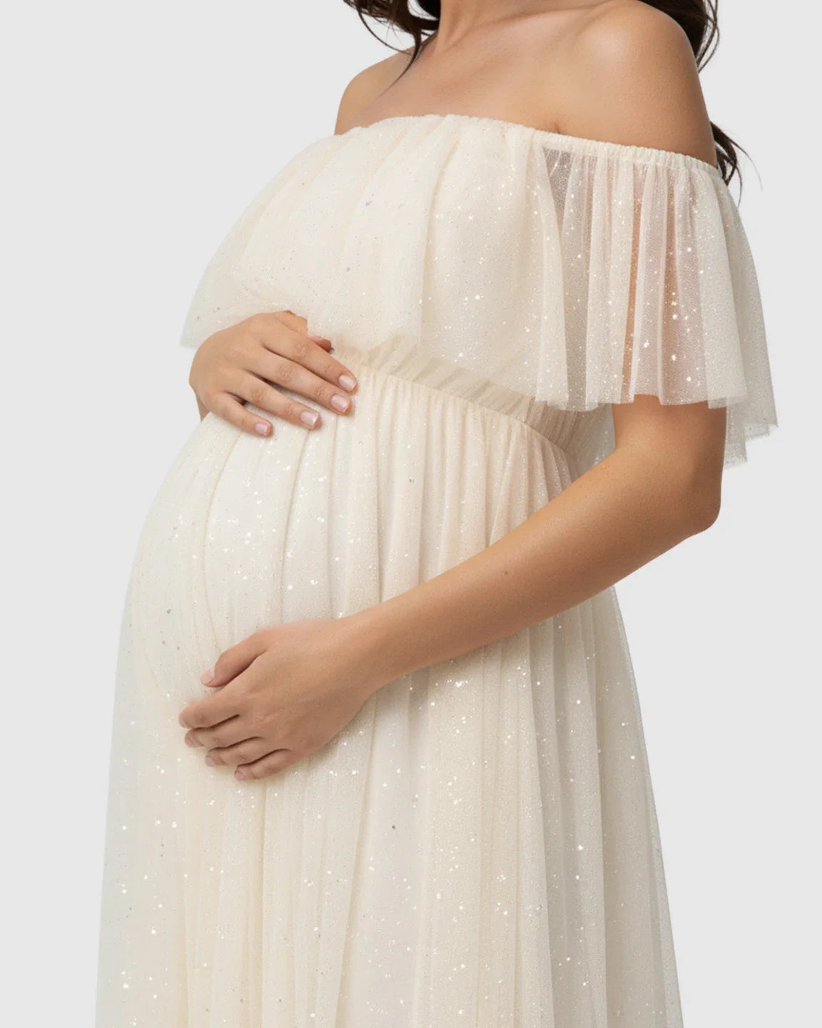 Bump Society – The Comfort Collection: Off-Shoulder Ruffled Mesh Maternity Maxi Dress
