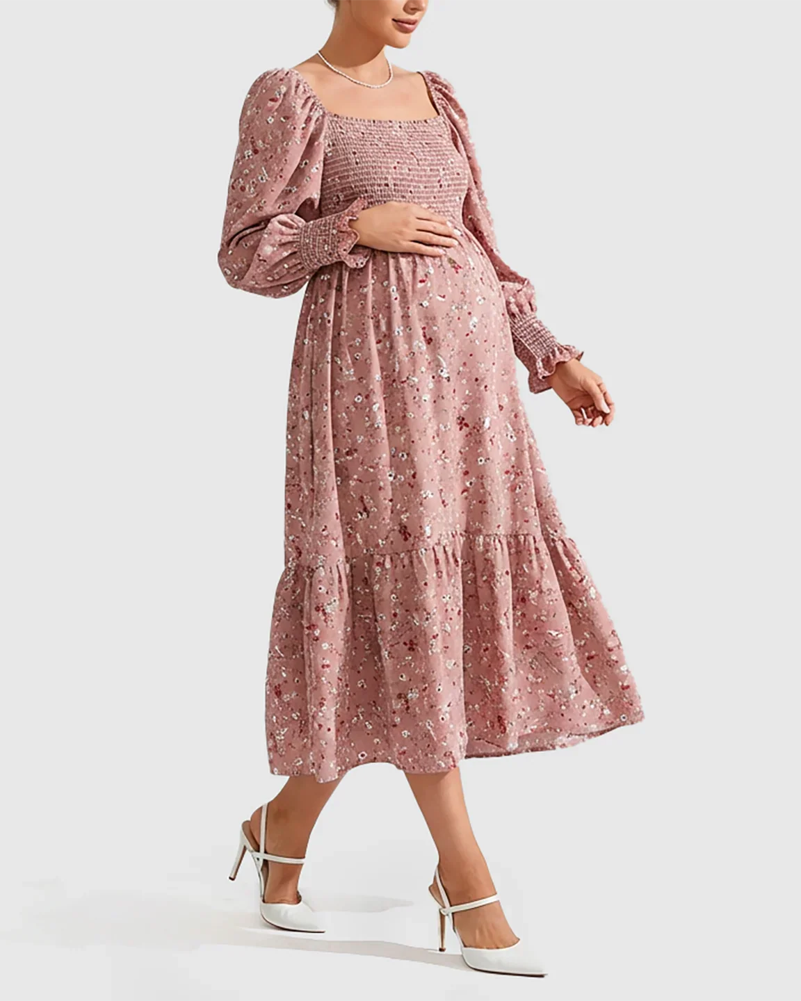 Bump Society – The Comfort Collection: Smocked Bodice Feminine Maternity Midi Dress