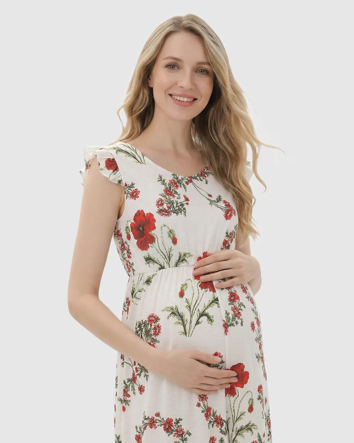 Bump Society – The Comfort Collection: Ruffle Shoulder Floral Maternity Maxi Dress