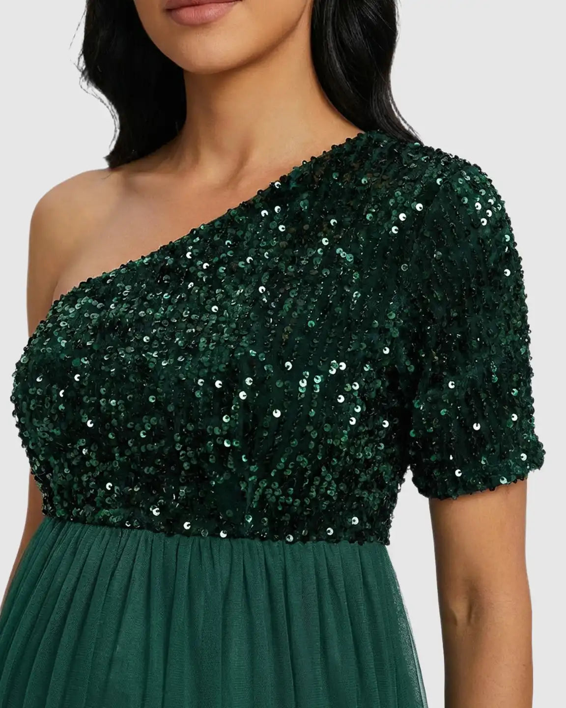 Bump Society – The Comfort Collection: Sequin One-Shoulder Flowy Maternity Maxi Dress