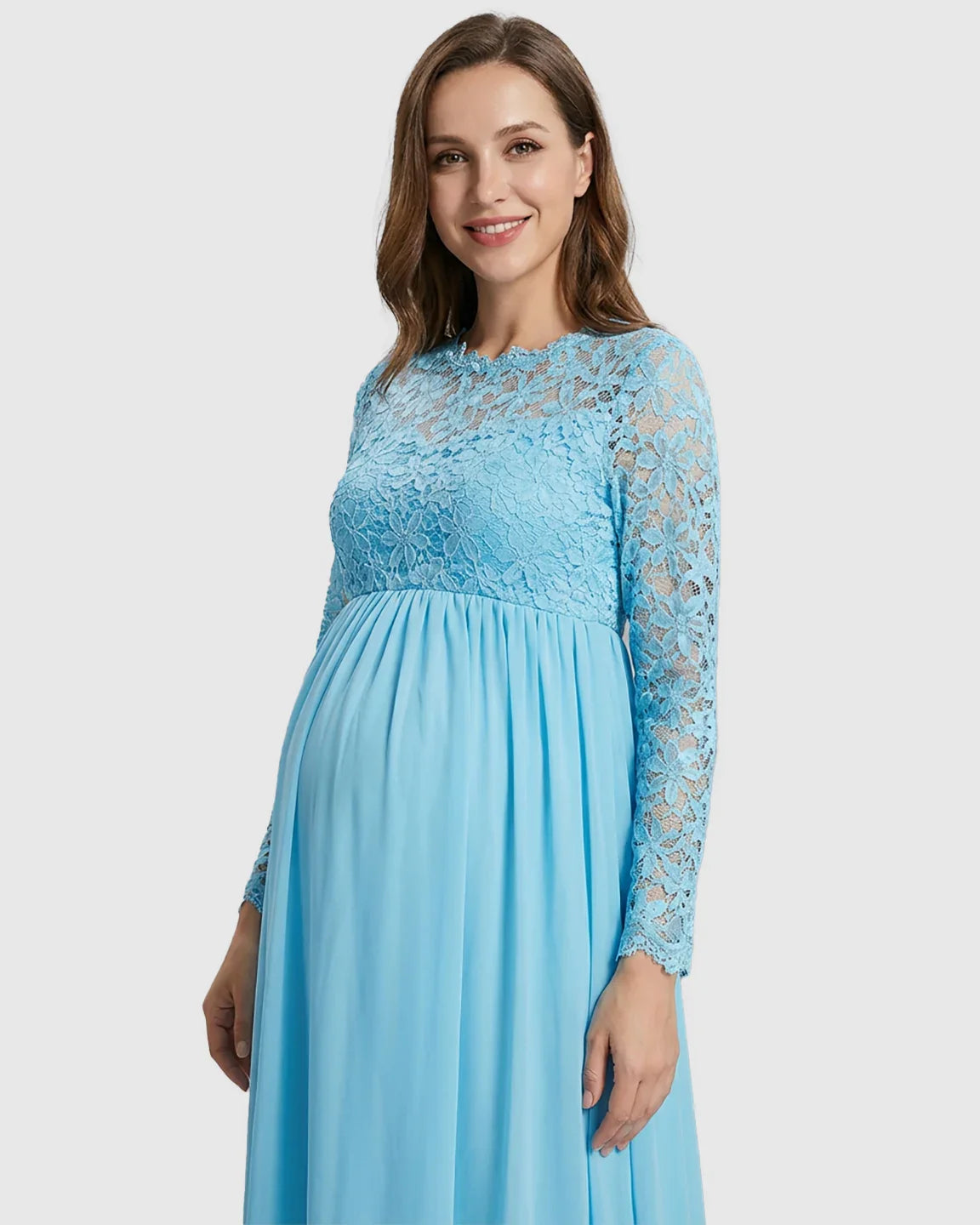 Bump Society – The Comfort Collection: Lace Bodice Trailing Skirt Maternity Photoshoot Gown