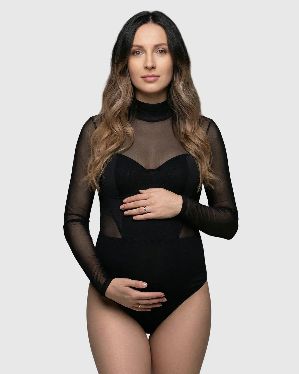 Bump Society – The Comfort Collection: Long-Sleeve Sheer Mesh Bodycon Maternity Photoshoot Bodysuit
