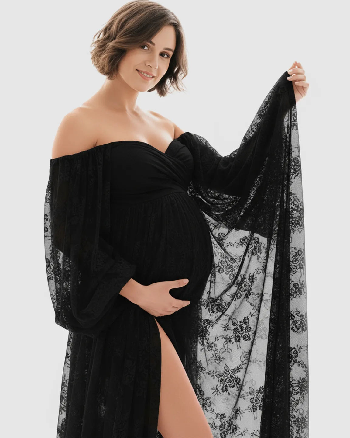 Bump Society – The Comfort Collection: Sheer Lace Flowy Maternity Photoshoot Gown