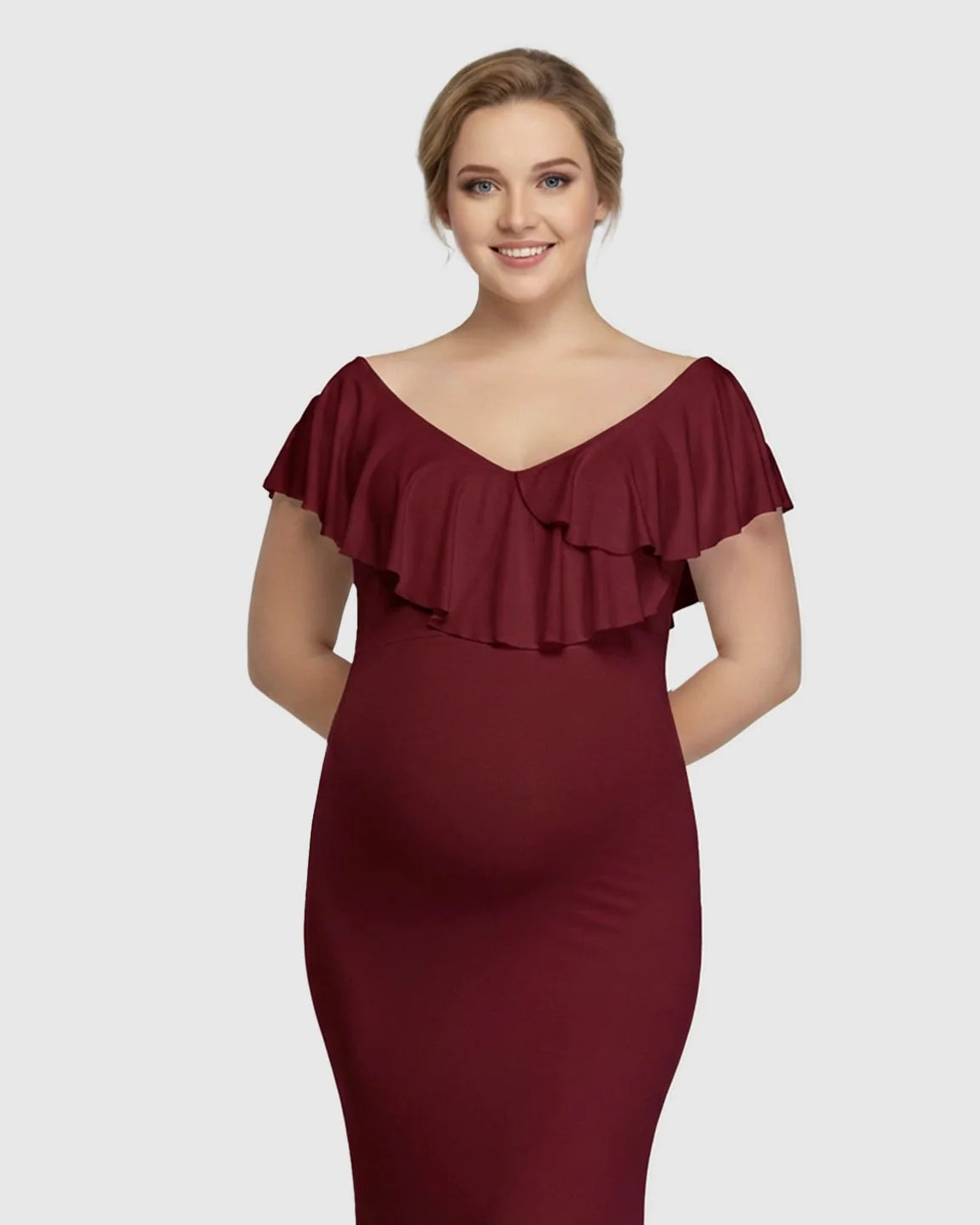 Bump Society – The Comfort Collection: Off-Shoulder Ruffled Bodycon Maternity Maxi Dress