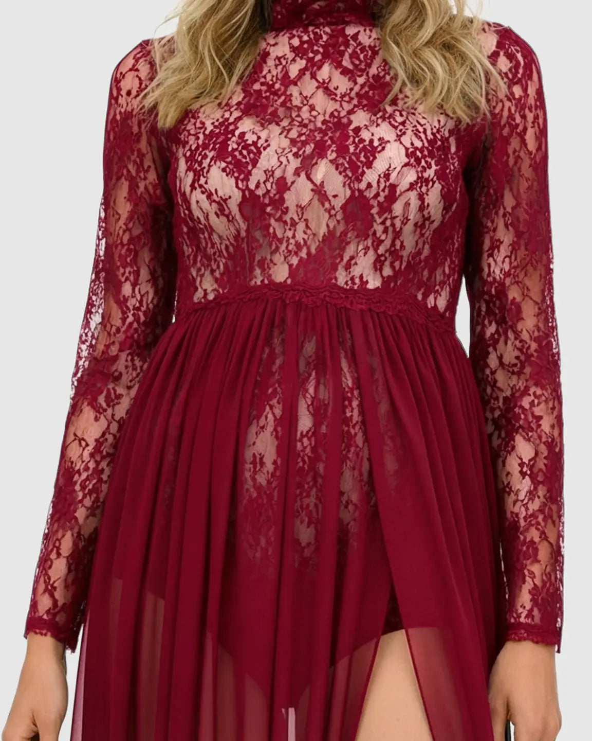 Bump Society – The Comfort Collection: Sheer Lace Double Slit Maternity Photoshoot Gown