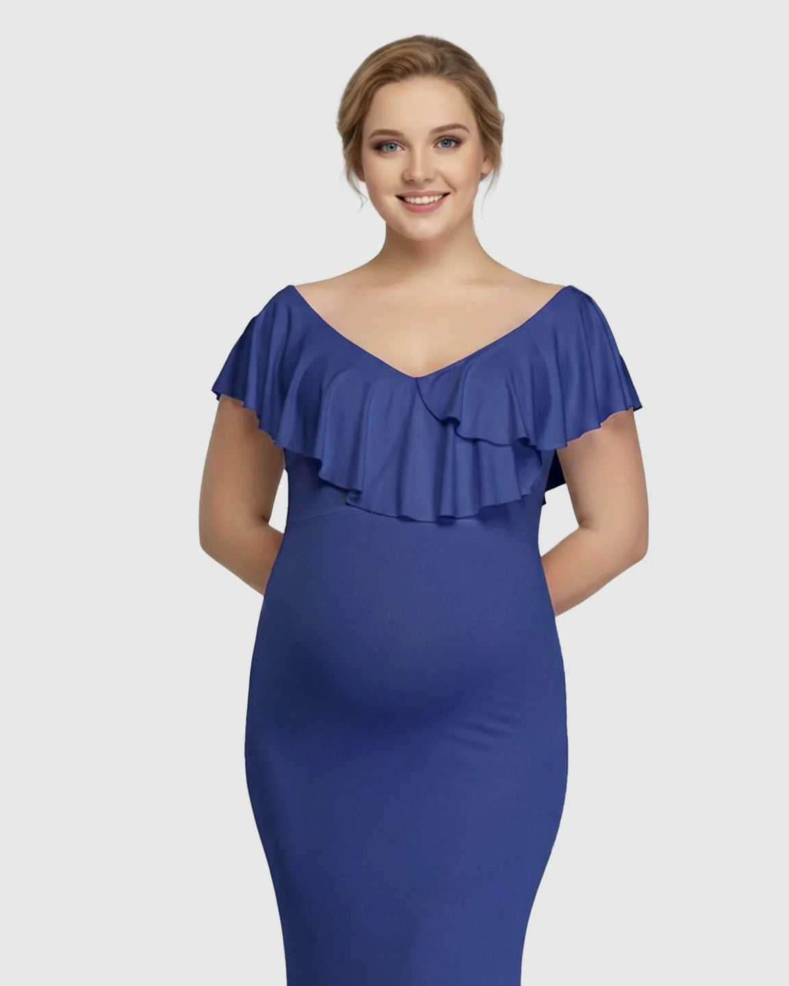 Bump Society – The Comfort Collection: Off-Shoulder Ruffled Bodycon Maternity Maxi Dress