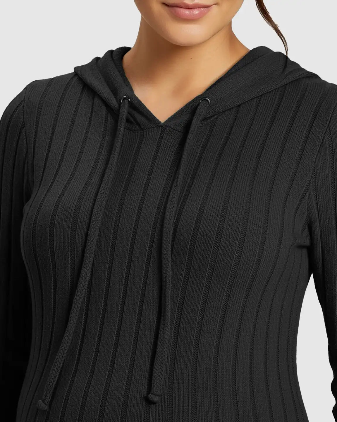 Close-up of a black ribbed bodycon hooded maternity midi dress with drawstring.