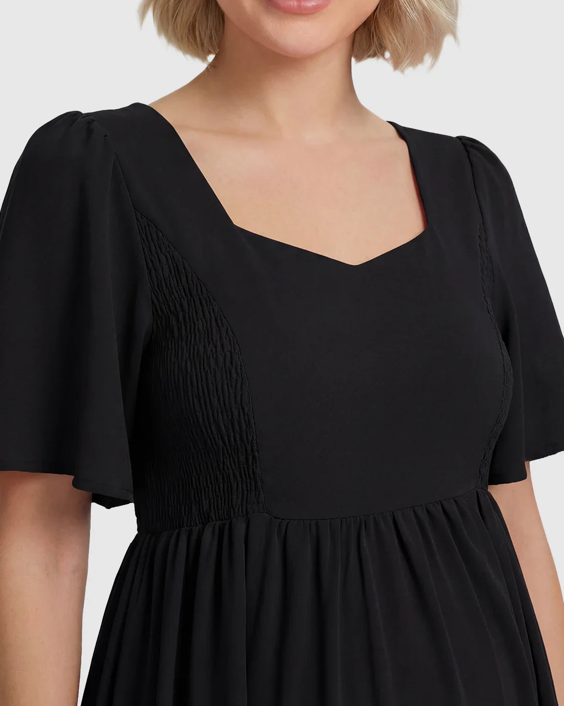 Bump Society – The Comfort Collection: Shirred Ruffle Sleeve Swing Maternity Midi Dress