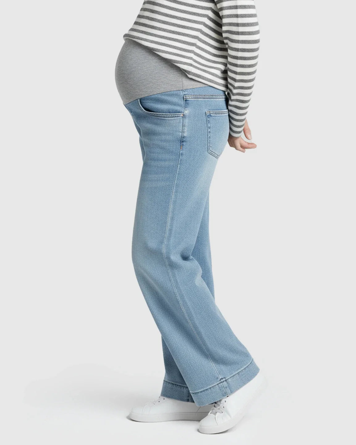 Light wash wide leg maternity jeans with a folded hem and grey belly band.