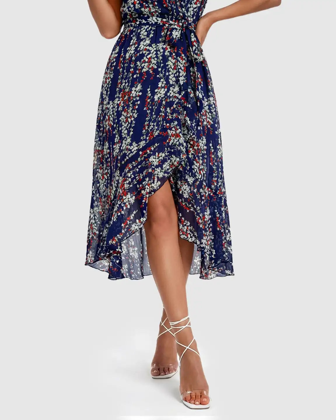 Blue floral V-neck ruffled hem maternity midi dress with a wrap design and leg slit.