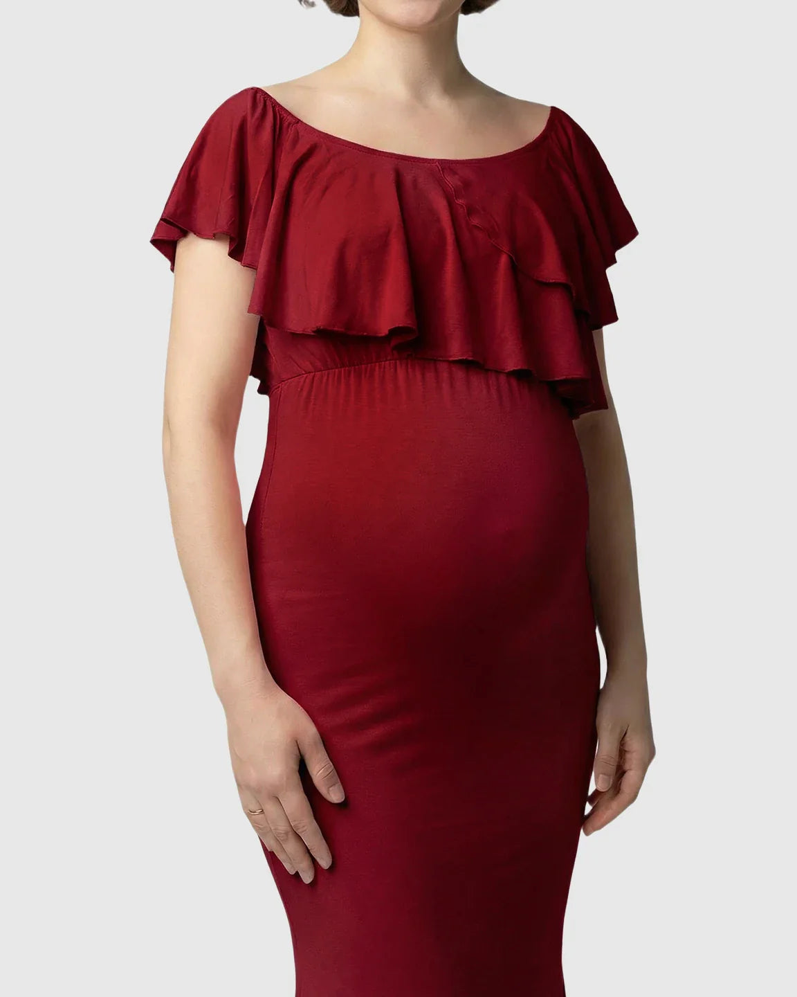 Bump Society – The Comfort Collection: Ruffle-Off Shoulder Trailing Maternity Gown