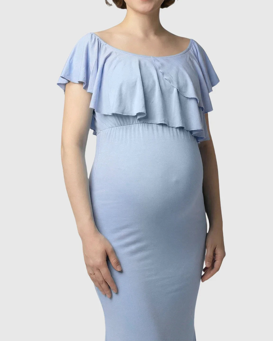 Bump Society – The Comfort Collection: Ruffle-Off Shoulder Trailing Maternity Gown