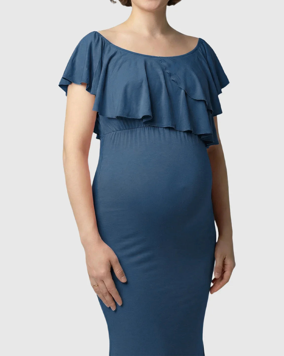 Bump Society – The Comfort Collection: Ruffle-Off Shoulder Trailing Maternity Gown