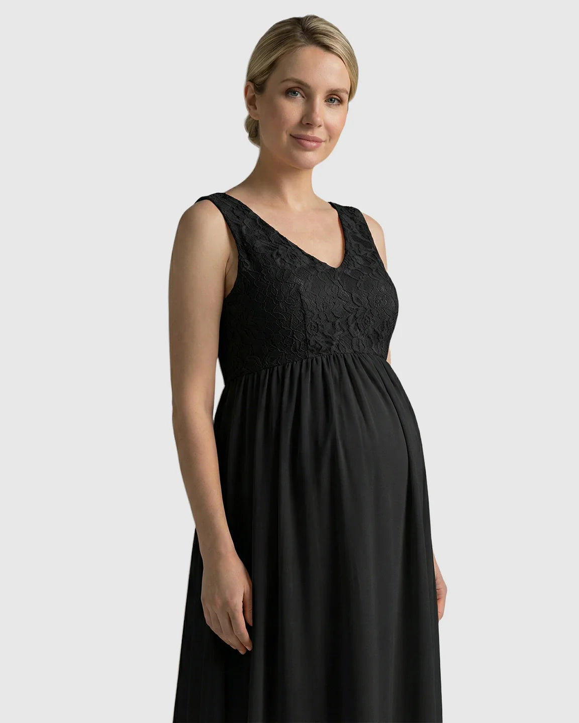 Bump Society – The Comfort Collection: Lace-Chiffon Romantic Maternity Maxi Dress