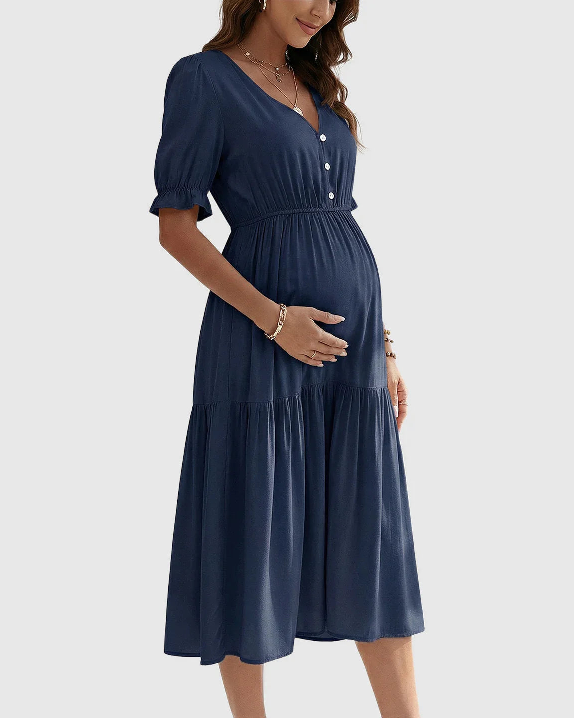 Bump Society – The Comfort Collection: V Neck Puff Sleeve Maternity Midi Dress