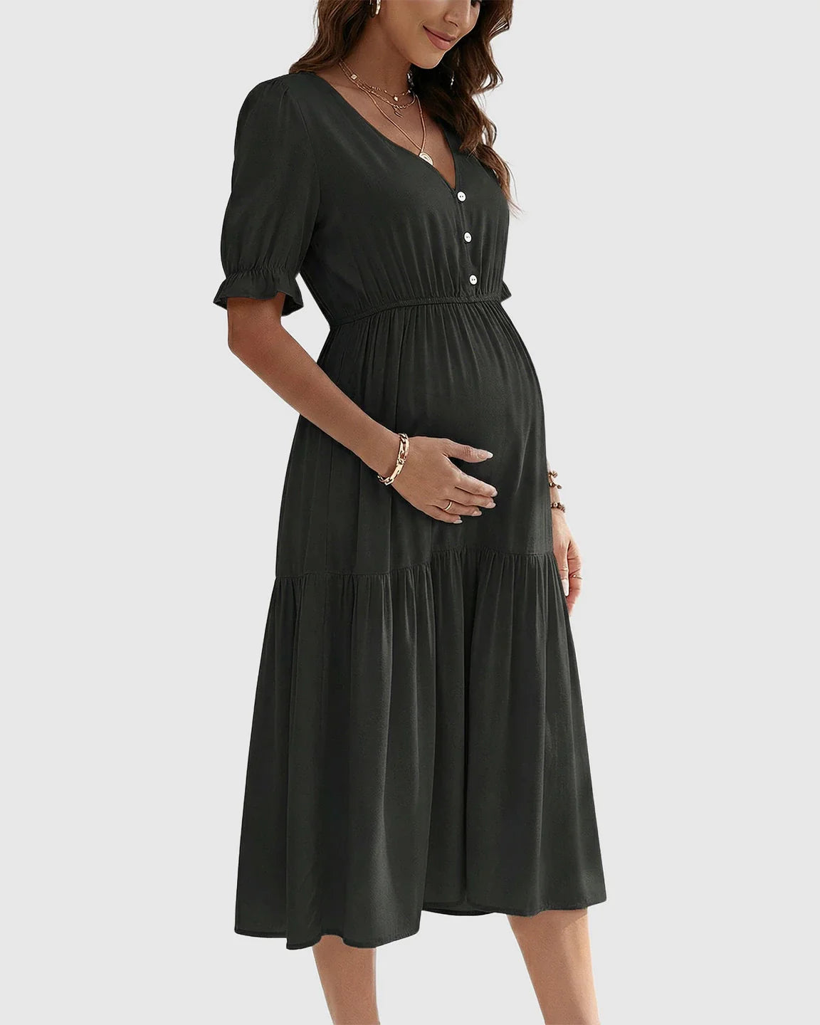 Bump Society – The Comfort Collection: V Neck Puff Sleeve Maternity Midi Dress