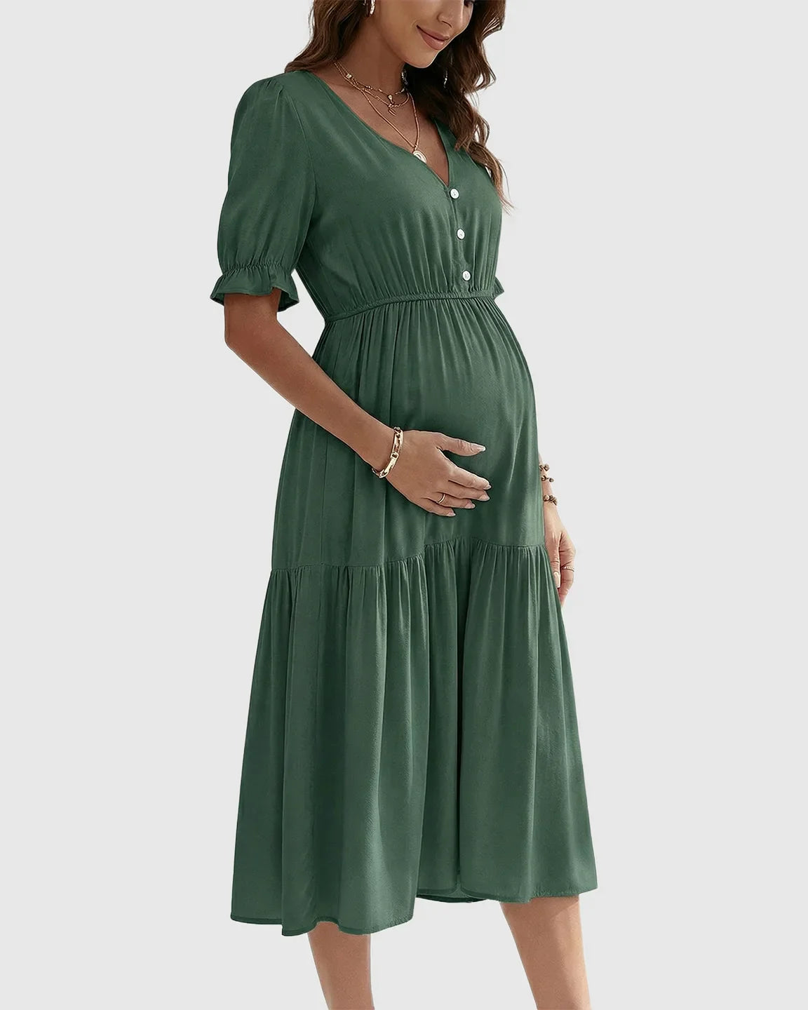 Bump Society – The Comfort Collection: V Neck Puff Sleeve Maternity Midi Dress