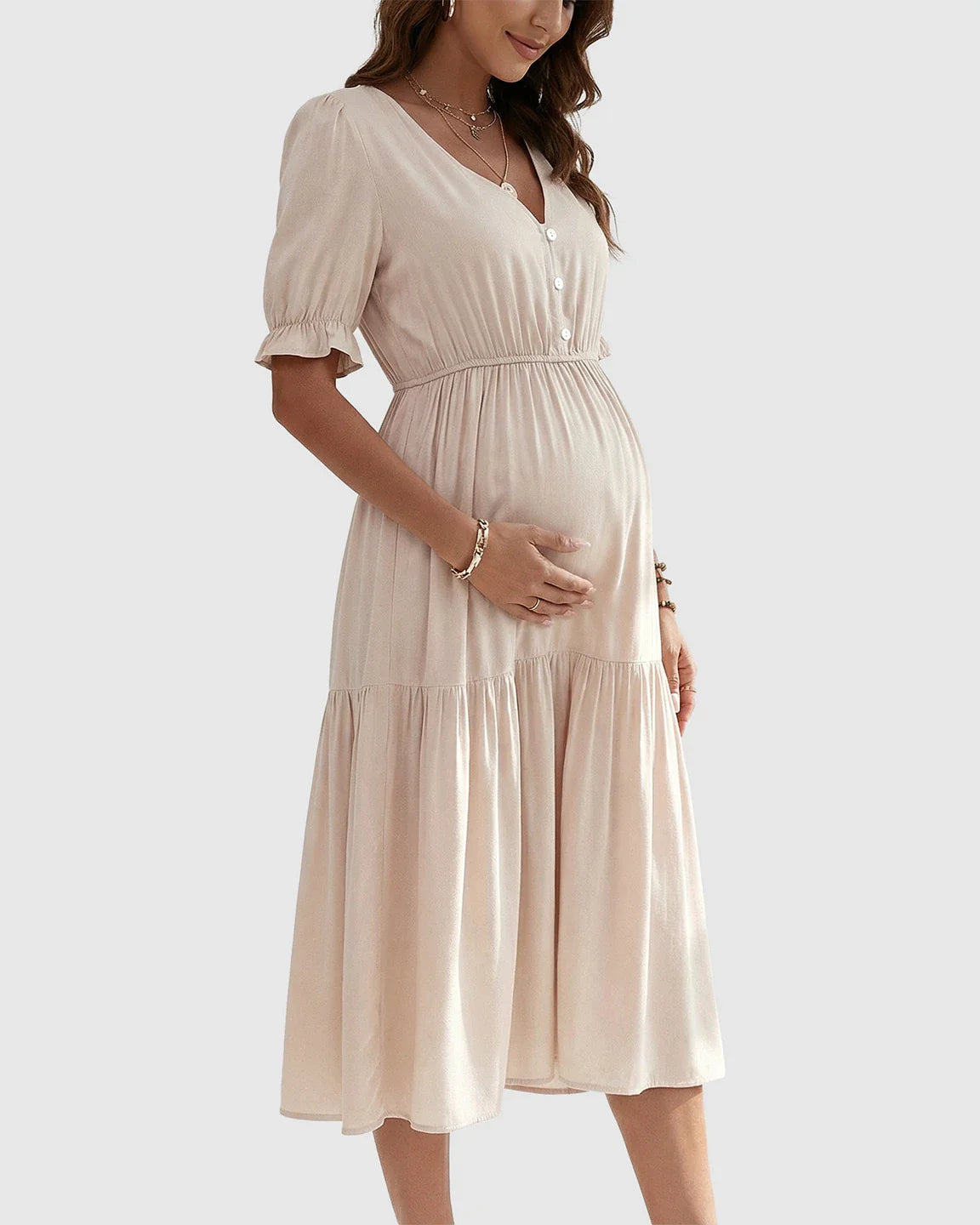 Bump Society – The Comfort Collection: V Neck Puff Sleeve Maternity Midi Dress