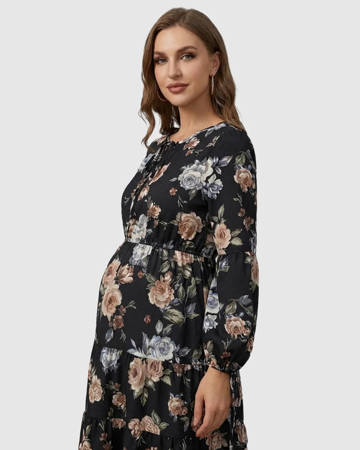 Bump Society – The Comfort Collection: Floral Tiered Hem Boho Maternity Midi Dress
