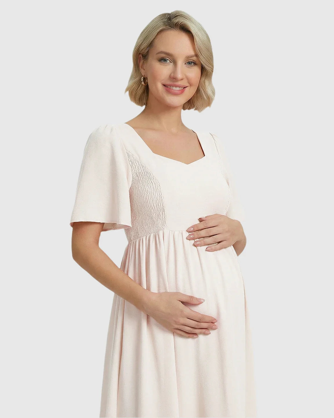 Bump Society – The Comfort Collection: Shirred Ruffle Sleeve Swing Maternity Midi Dress