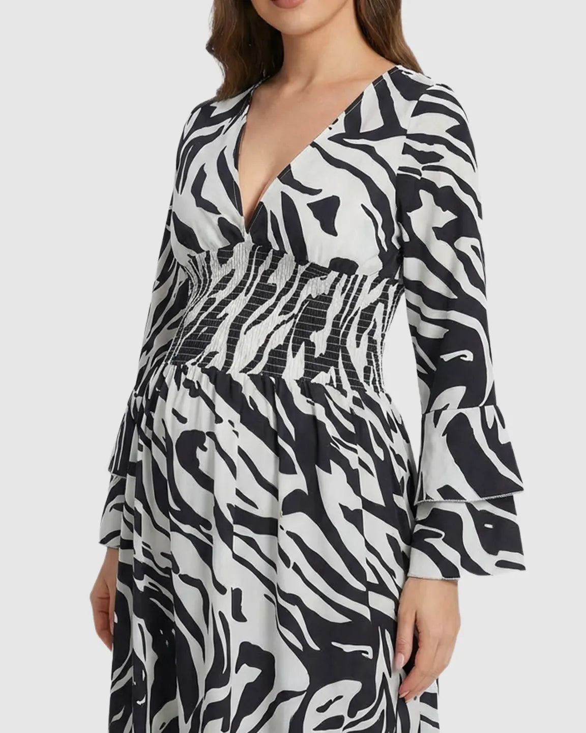 Bump Society – The Comfort Collection: Geometric Pattern Smocked Mid-Waist Maternity Maxi Dress