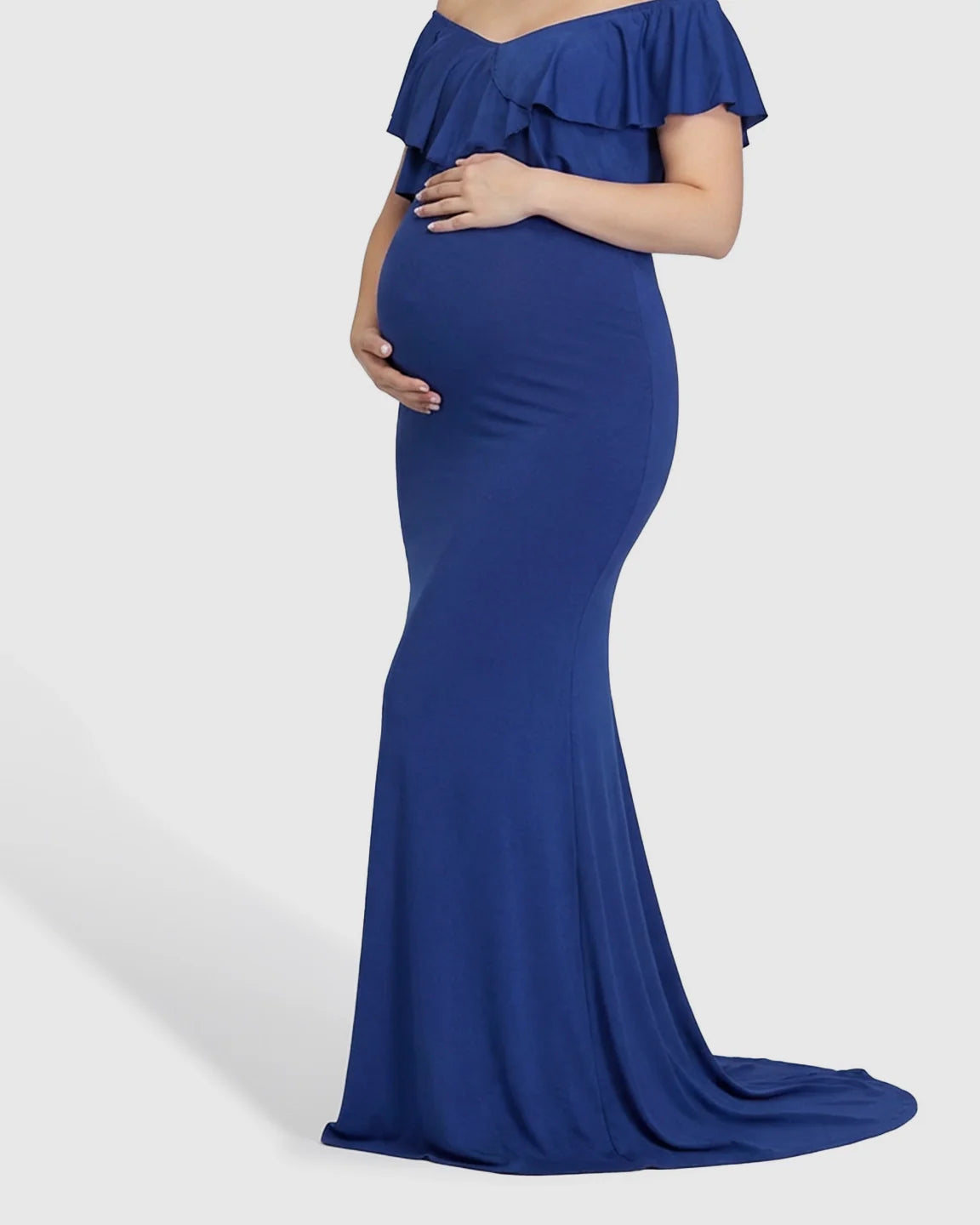 Bump Society – The Comfort Collection: Off-Shoulder Ruffled Bodycon Maternity Maxi Dress