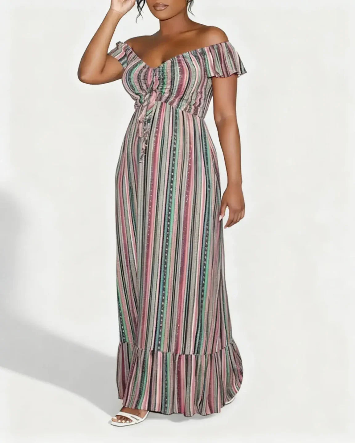 Off-shoulder, floor-length maternity maxi dress with colorful vertical stripes and a ruffled hem.