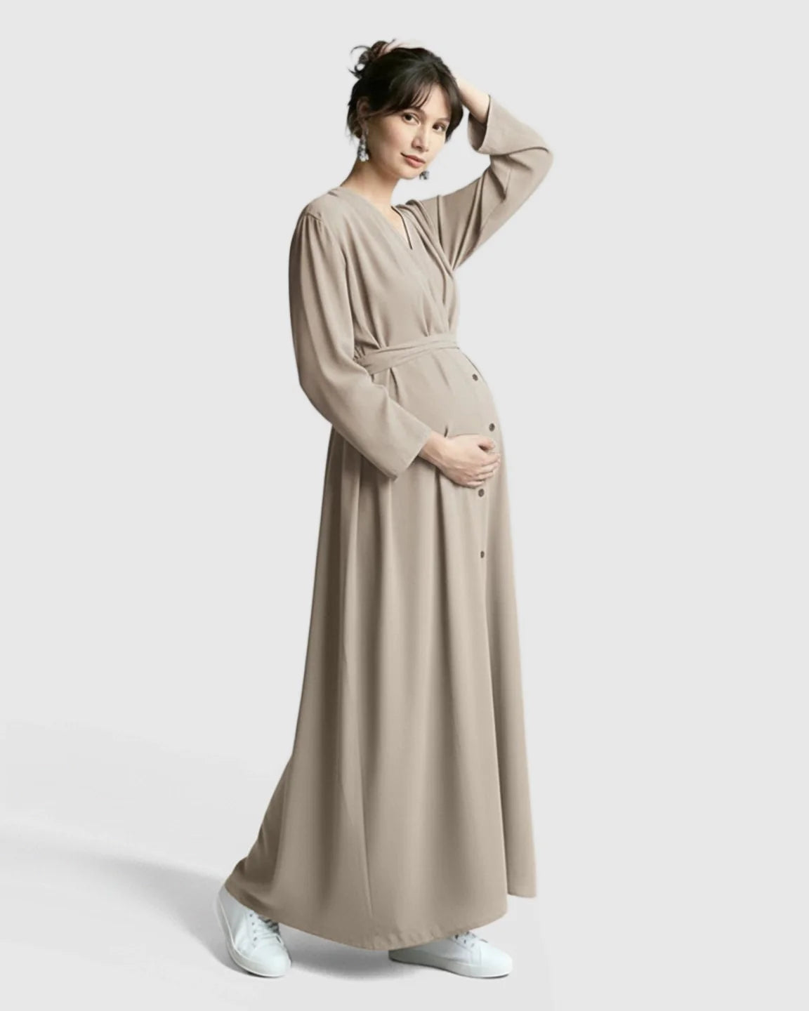Bump Society – The Comfort Collection: Long Sleeve V-Neck Maternity Maxi Dress with Adjustable Waist