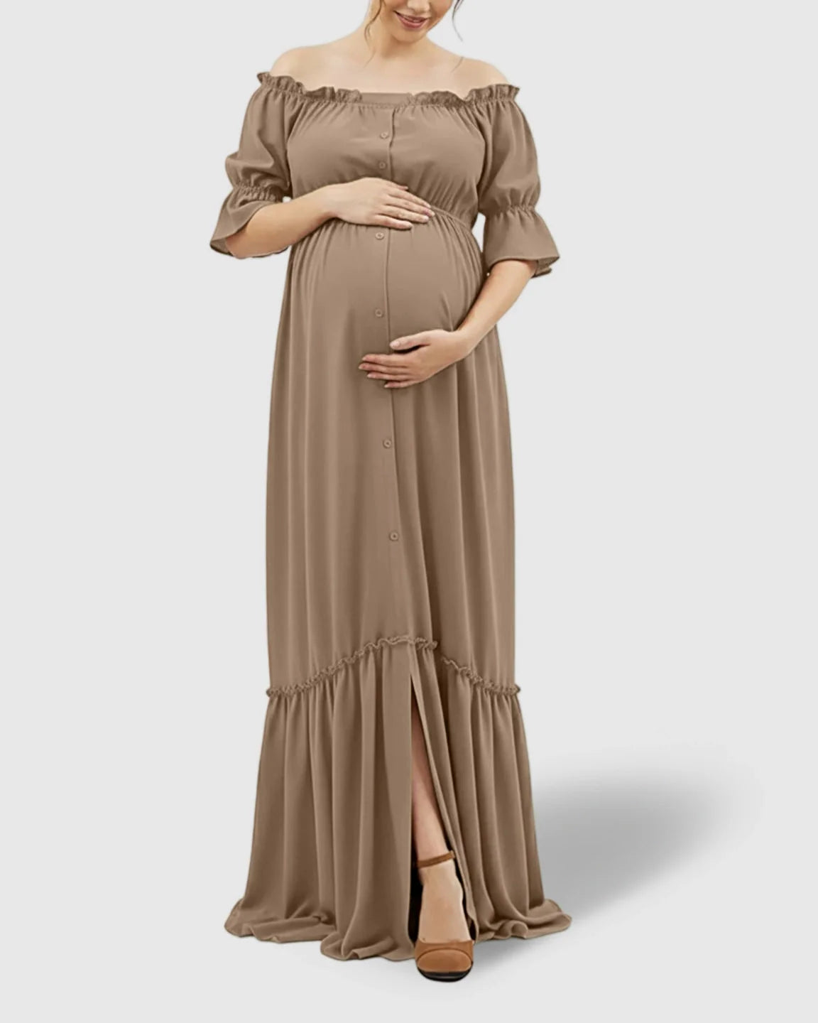 The Comfort Collection: Elegant Off-Shoulder Flared Maternity Long Dress