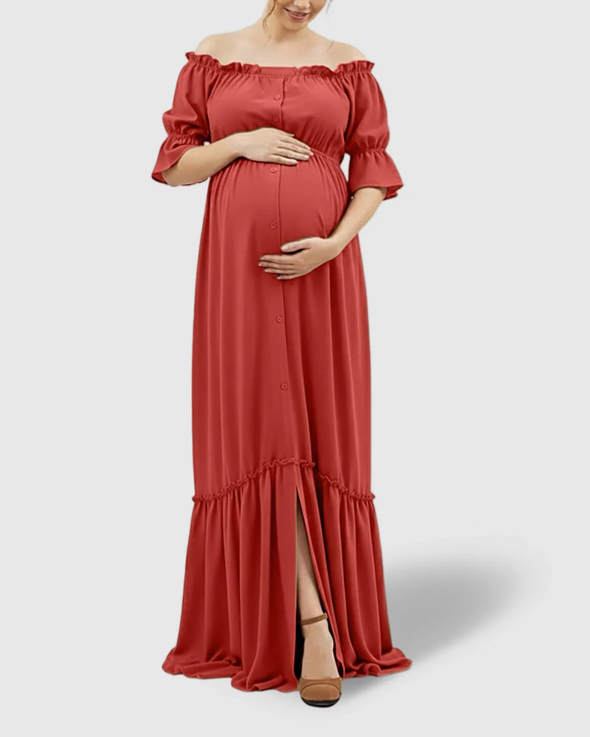 The Comfort Collection: Elegant Off-Shoulder Flared Maternity Long Dress