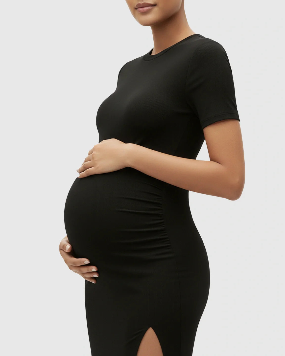 Bump Society – The Comfort Collection: Short Sleeve Bodycon Maternity Midi Dress with Side Slit