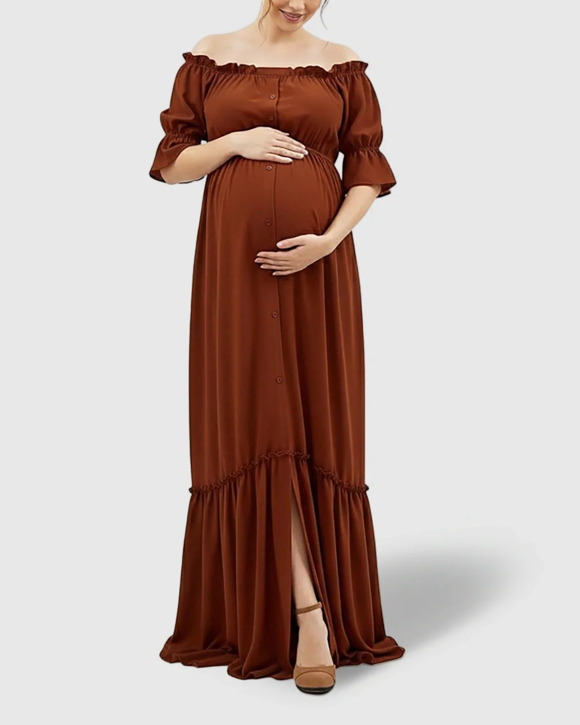 The Comfort Collection: Elegant Off-Shoulder Flared Maternity Long Dress