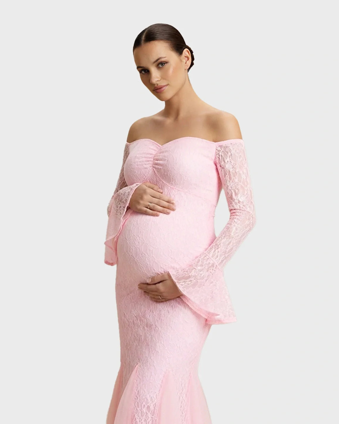 Pink lace off-shoulder mermaid maternity maxi dress with long bell sleeves.