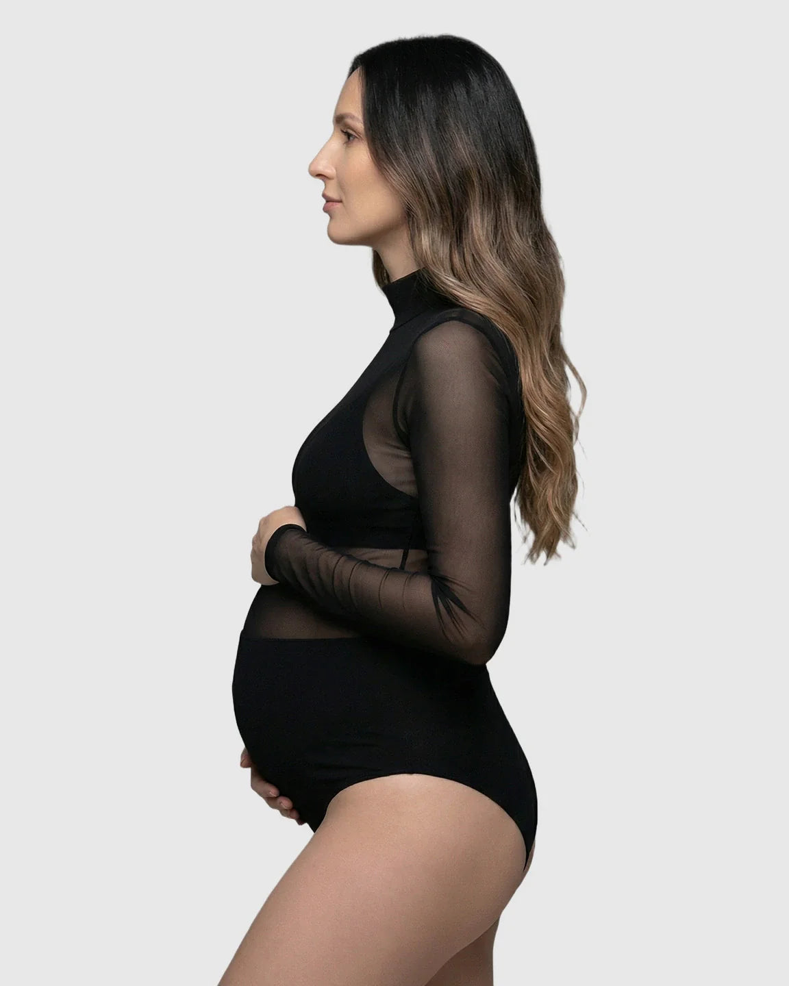Bump Society – The Comfort Collection: Long-Sleeve Sheer Mesh Bodycon Maternity Photoshoot Bodysuit