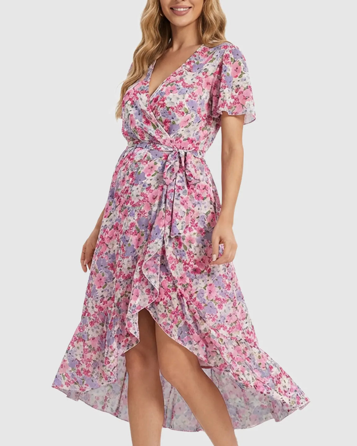 Floral V-neck ruffled hem maternity midi dress in pink, purple, and white, with a tie waist.