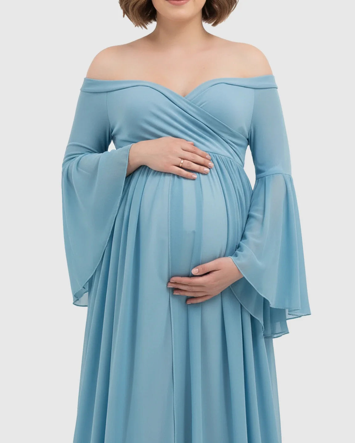 Light blue chiffon off-shoulder maternity gown with bell sleeves, long train, and flowing skirt.