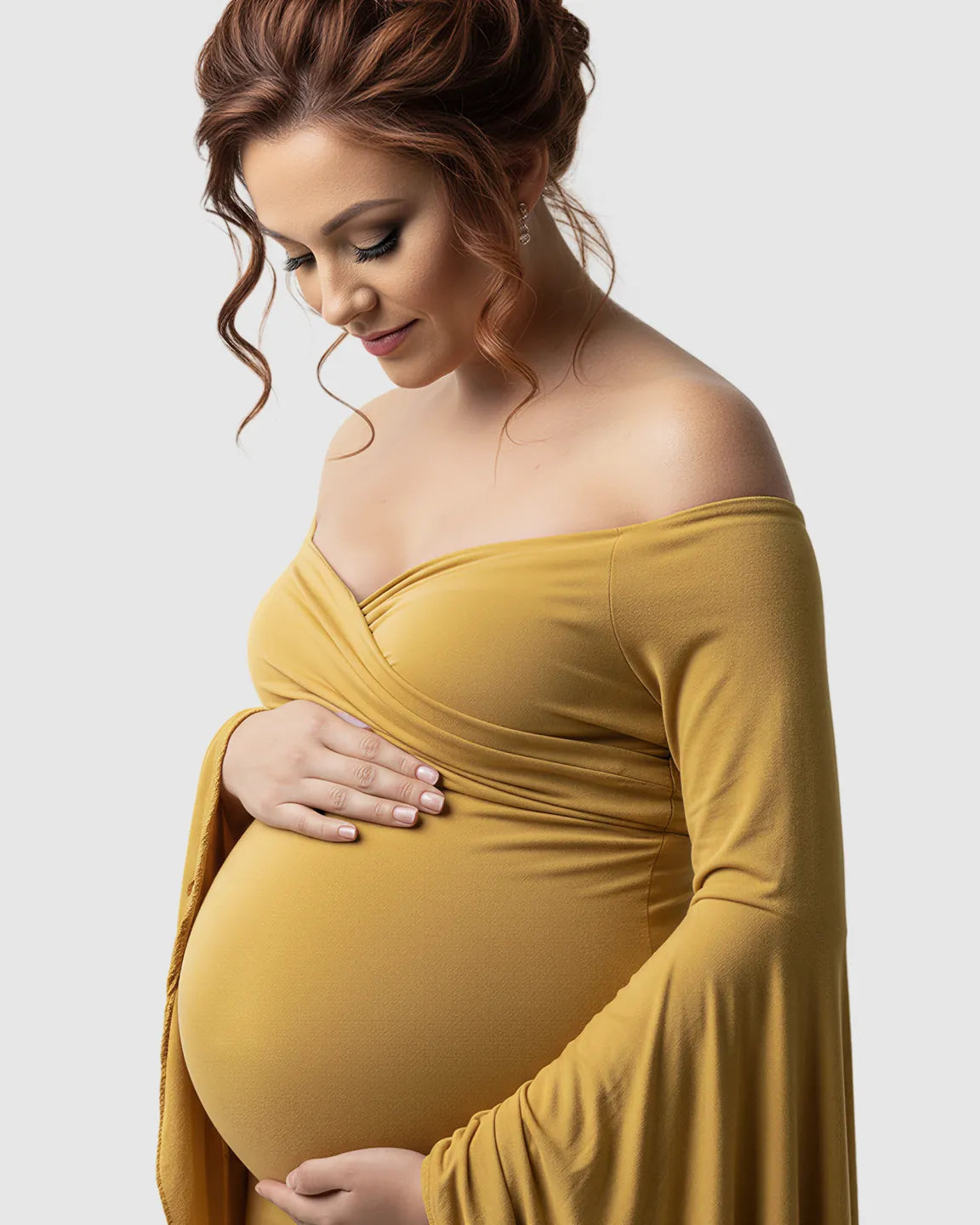 Bump Society – The Comfort Collection: Flared Sleeve Fishtail Train Maternity Photoshoot Dress