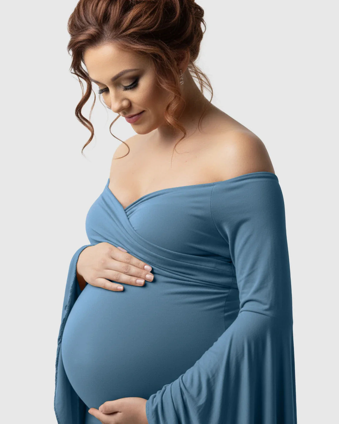 Bump Society – The Comfort Collection: Flared Sleeve Fishtail Train Maternity Photoshoot Dress